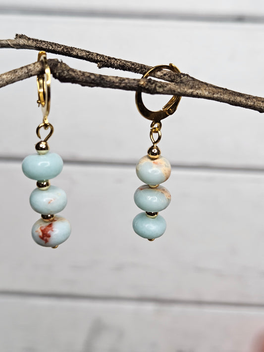 Blue Snake Skin Jasper Gold Dangle Earrings