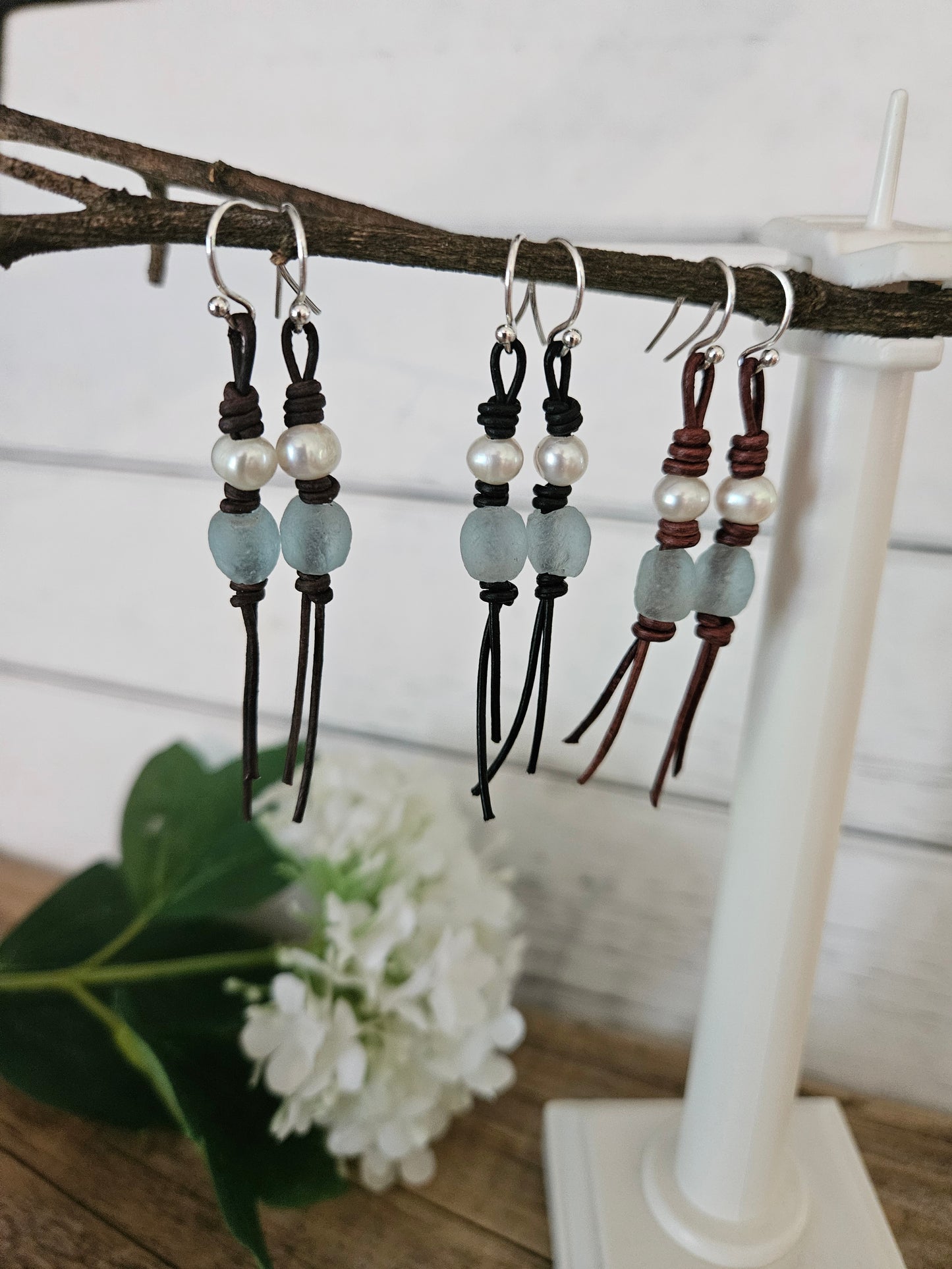 Boho Leather Pearl & Sea Glass Earrings: Sterling Silver Dangles