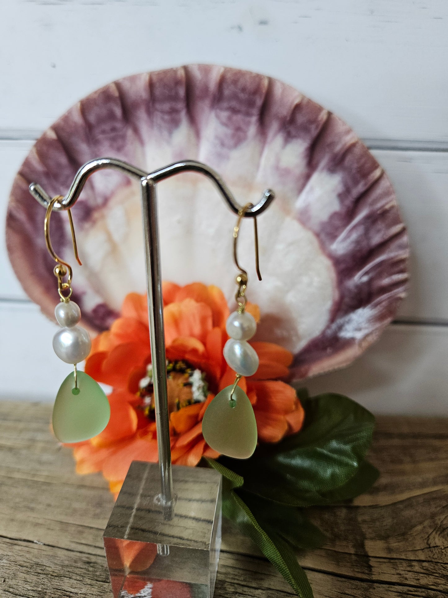 Boho Beach Freshwater Pearl Green Sea Glass Dangle Earrings