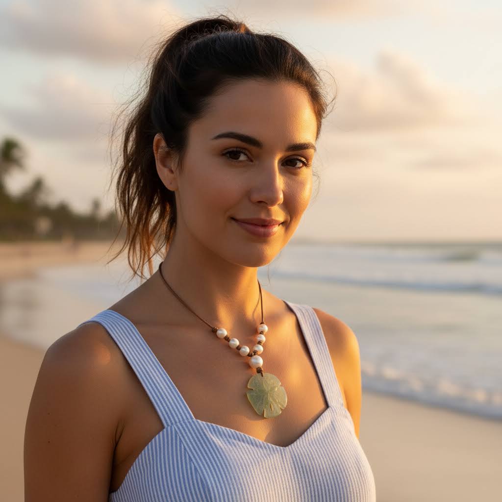 Boho Pearl Necklace: Green Sand Dollar Leather Pendant, Resort Jewelry