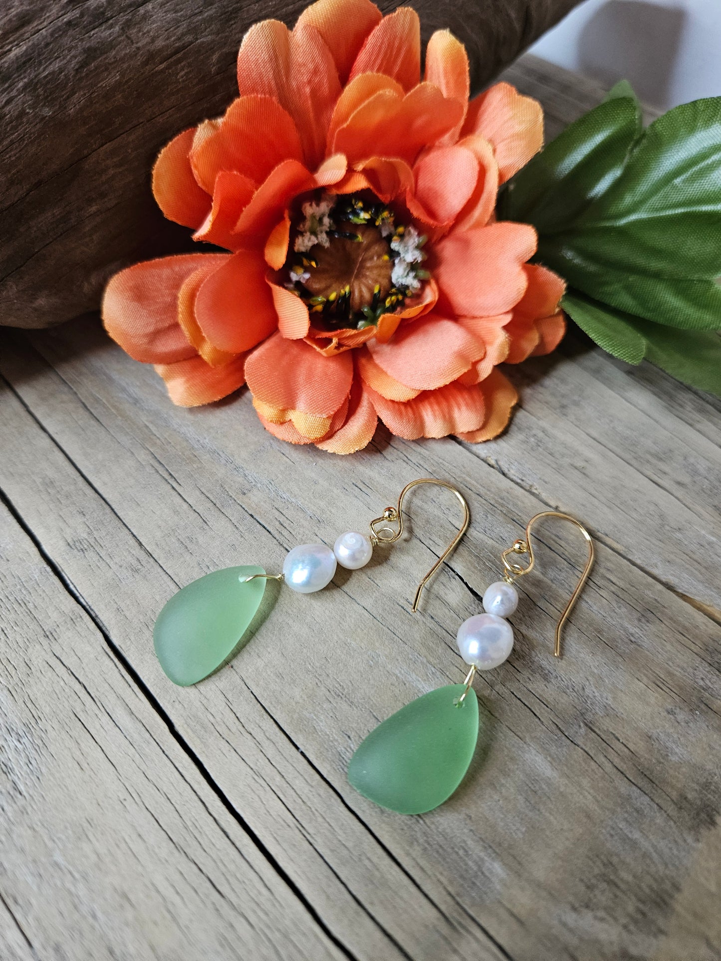 Boho Beach Freshwater Pearl Green Sea Glass Dangle Earrings
