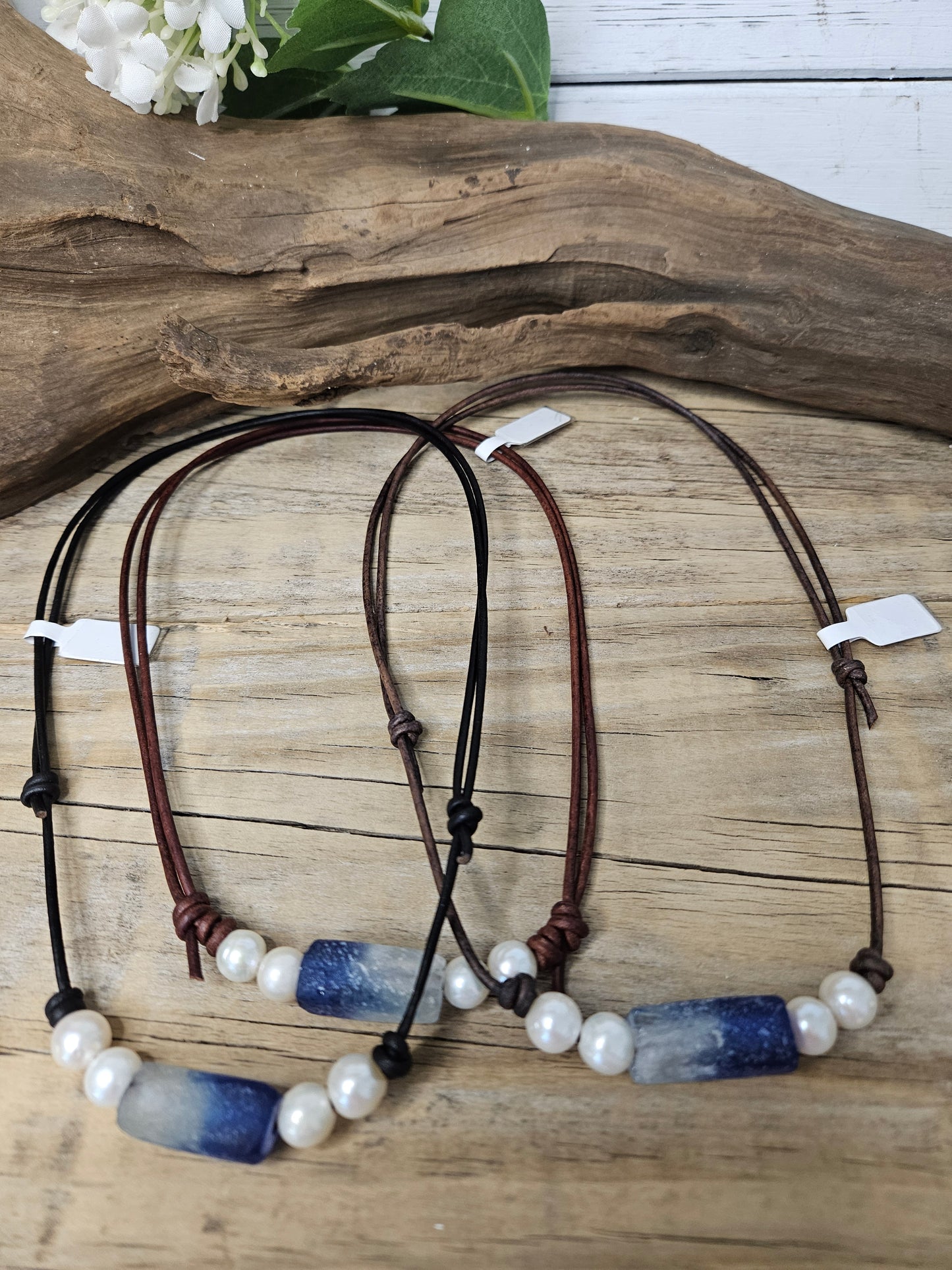 Boho Leather Sea Glass Freshwater Pearl Choker