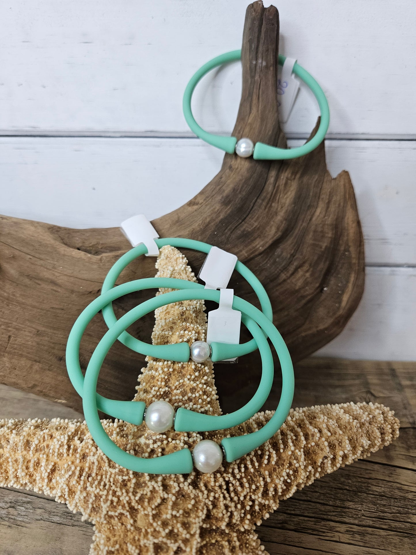 Sea Green Silicone Stretchy Freshwater Pearl Bracelet