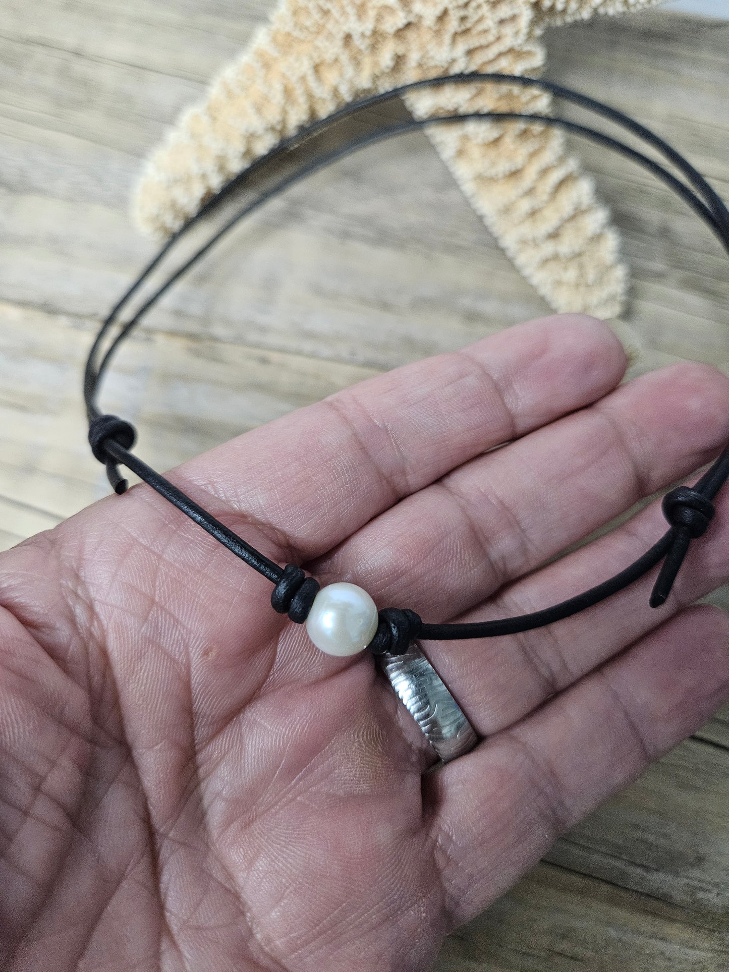 Leather Choker Necklace with Single Freshwater Pearl