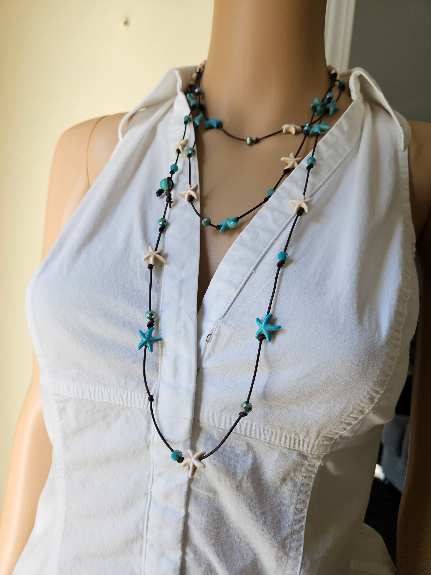 Leather Starfish Wrap Necklace: Cream & Turquoise color Beaded Jewelry