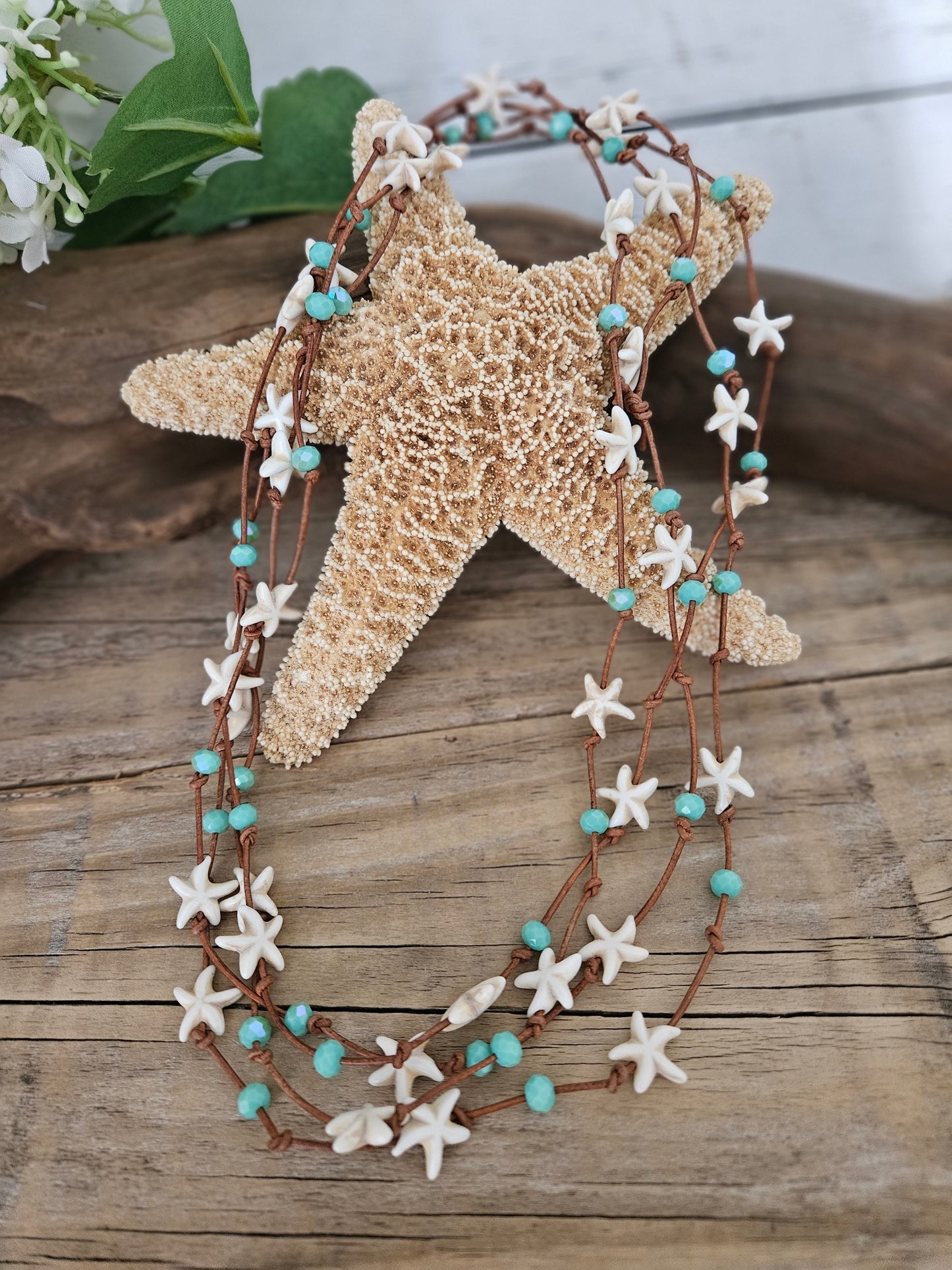 Cream Starfish Leather Wrap Necklace with Green Sparkle Glass Beads