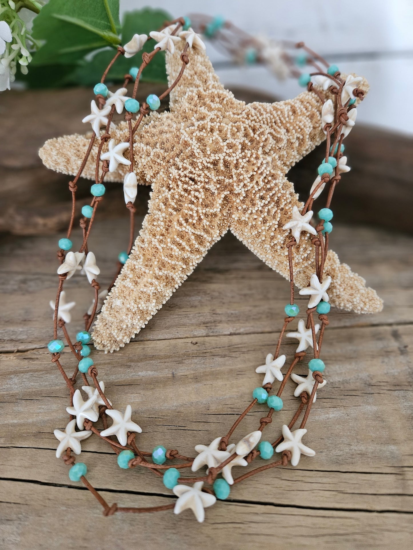 Cream Starfish Leather Wrap Necklace with Green Sparkle Glass Beads