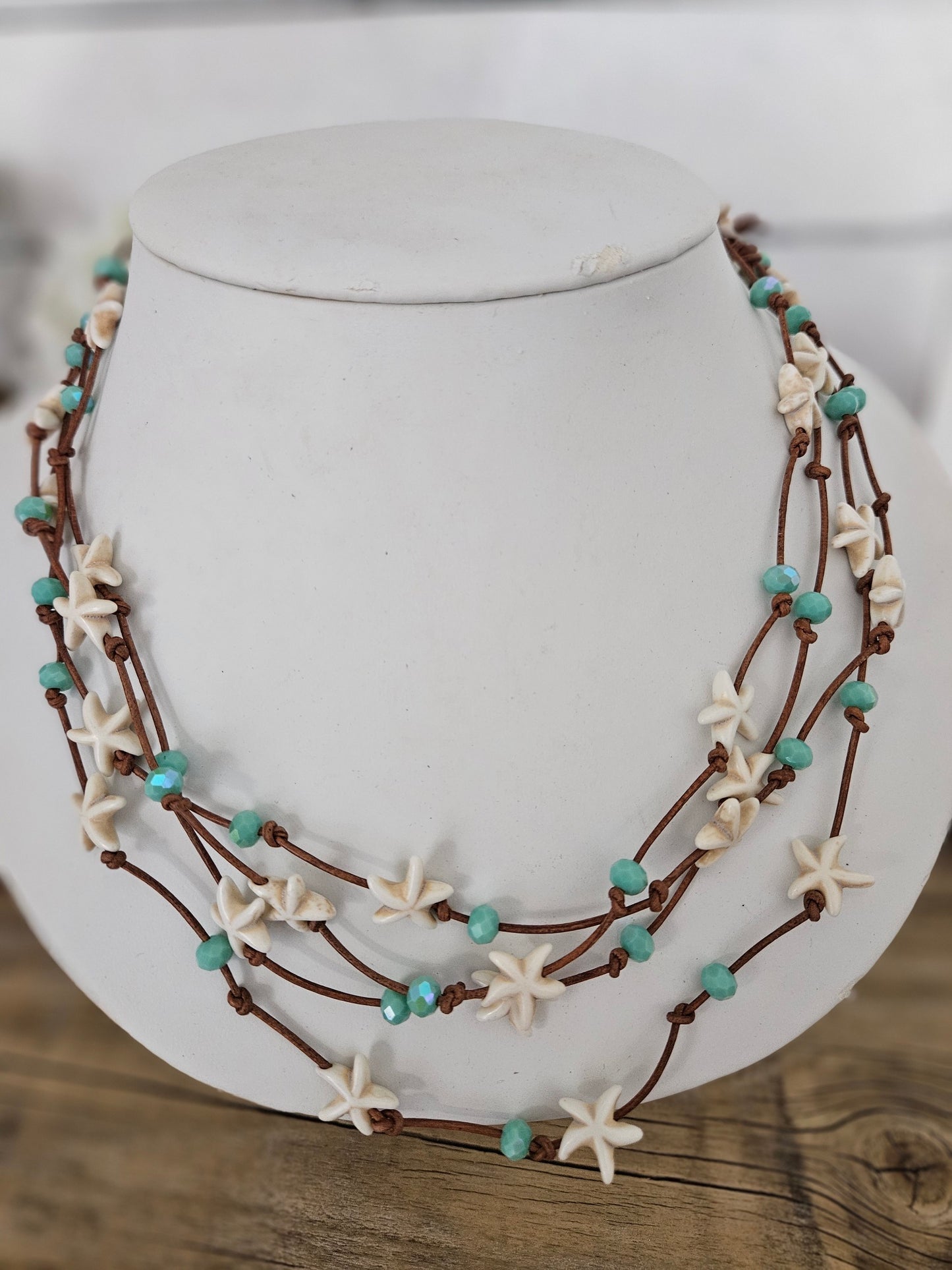 Cream Starfish Leather Wrap Necklace with Green Sparkle Glass Beads
