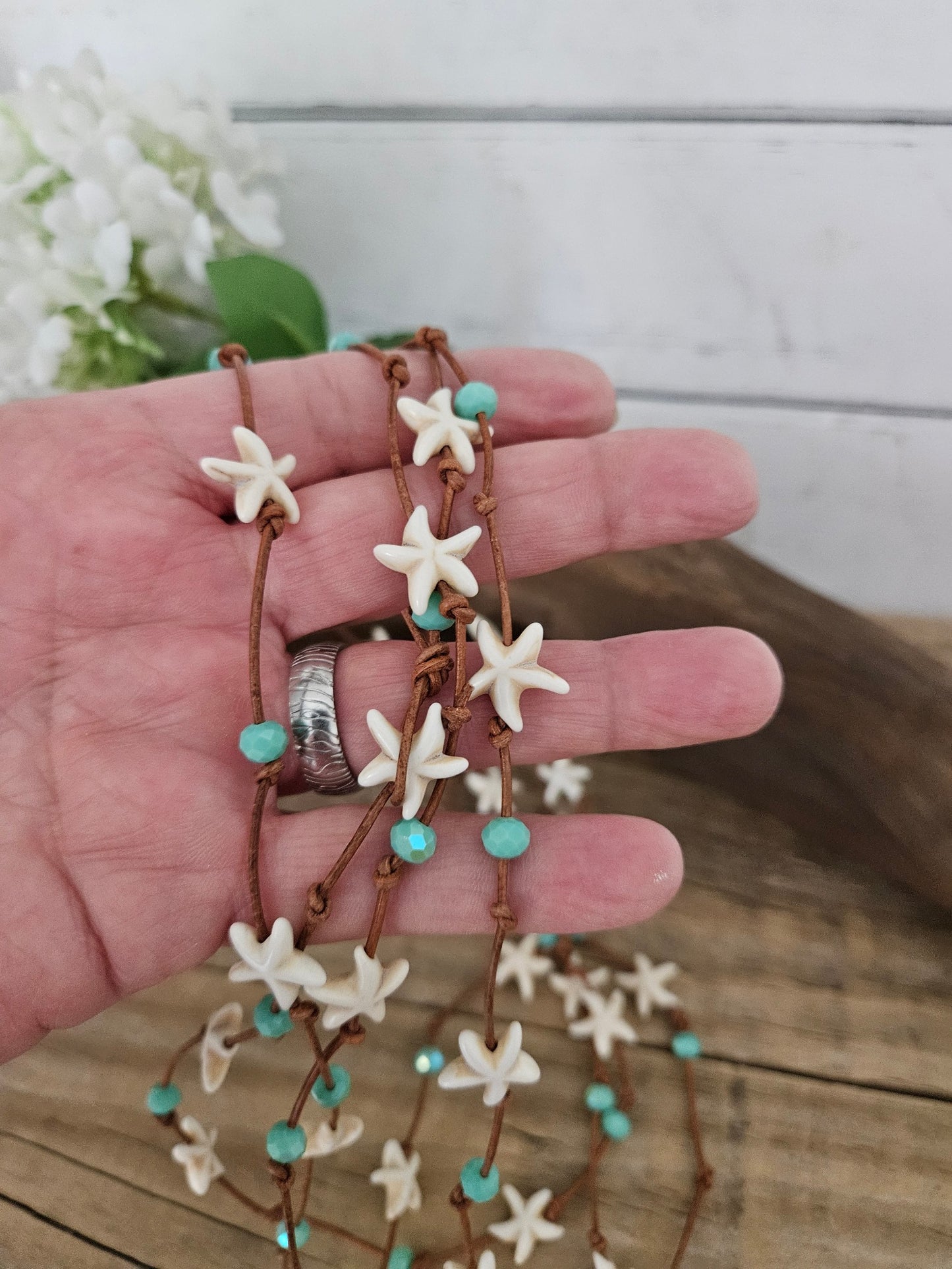 Cream Starfish Leather Wrap Necklace with Green Sparkle Glass Beads