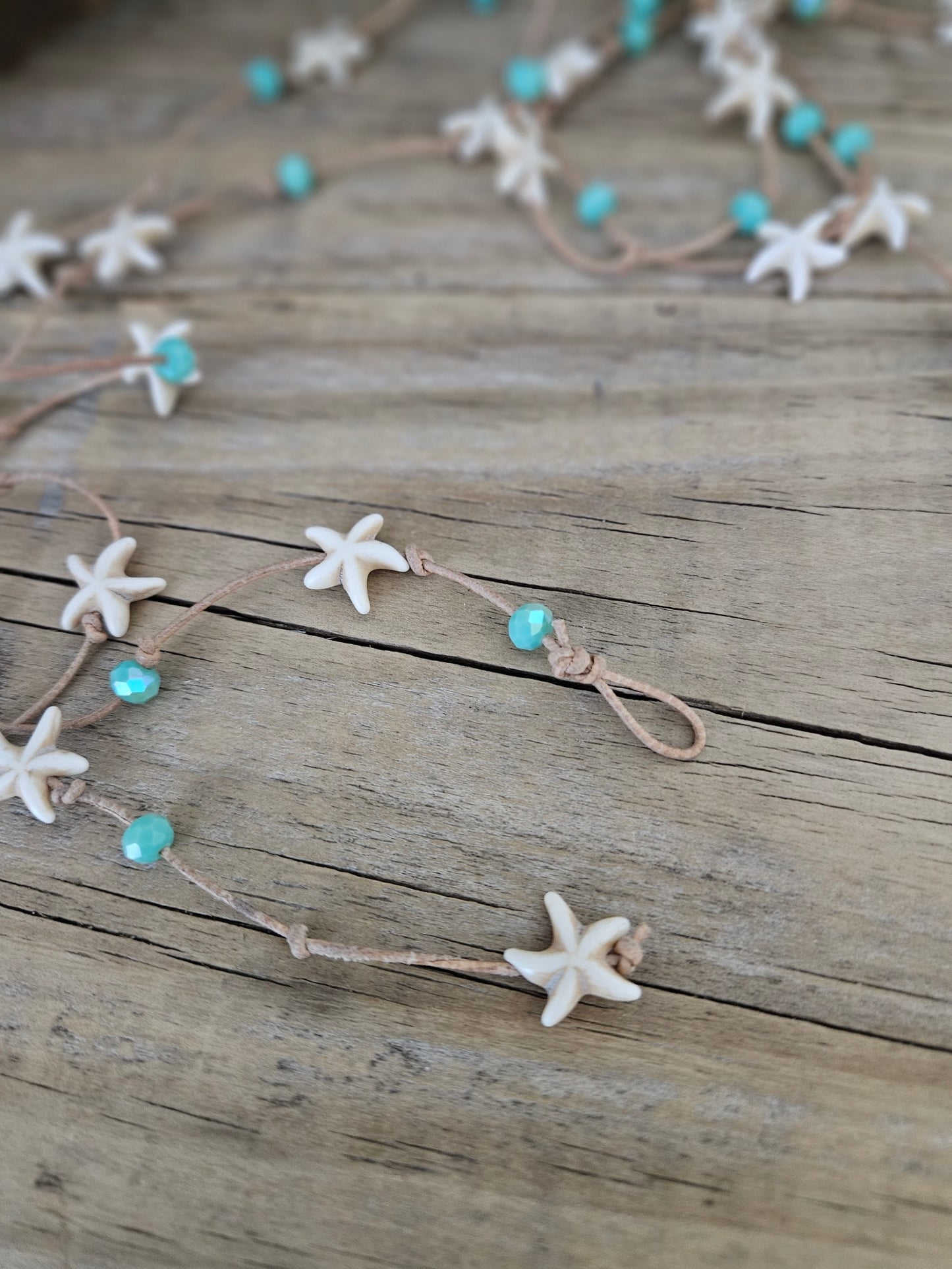 Cream Starfish Leather Wrap Necklace with Green Sparkle Glass Beads