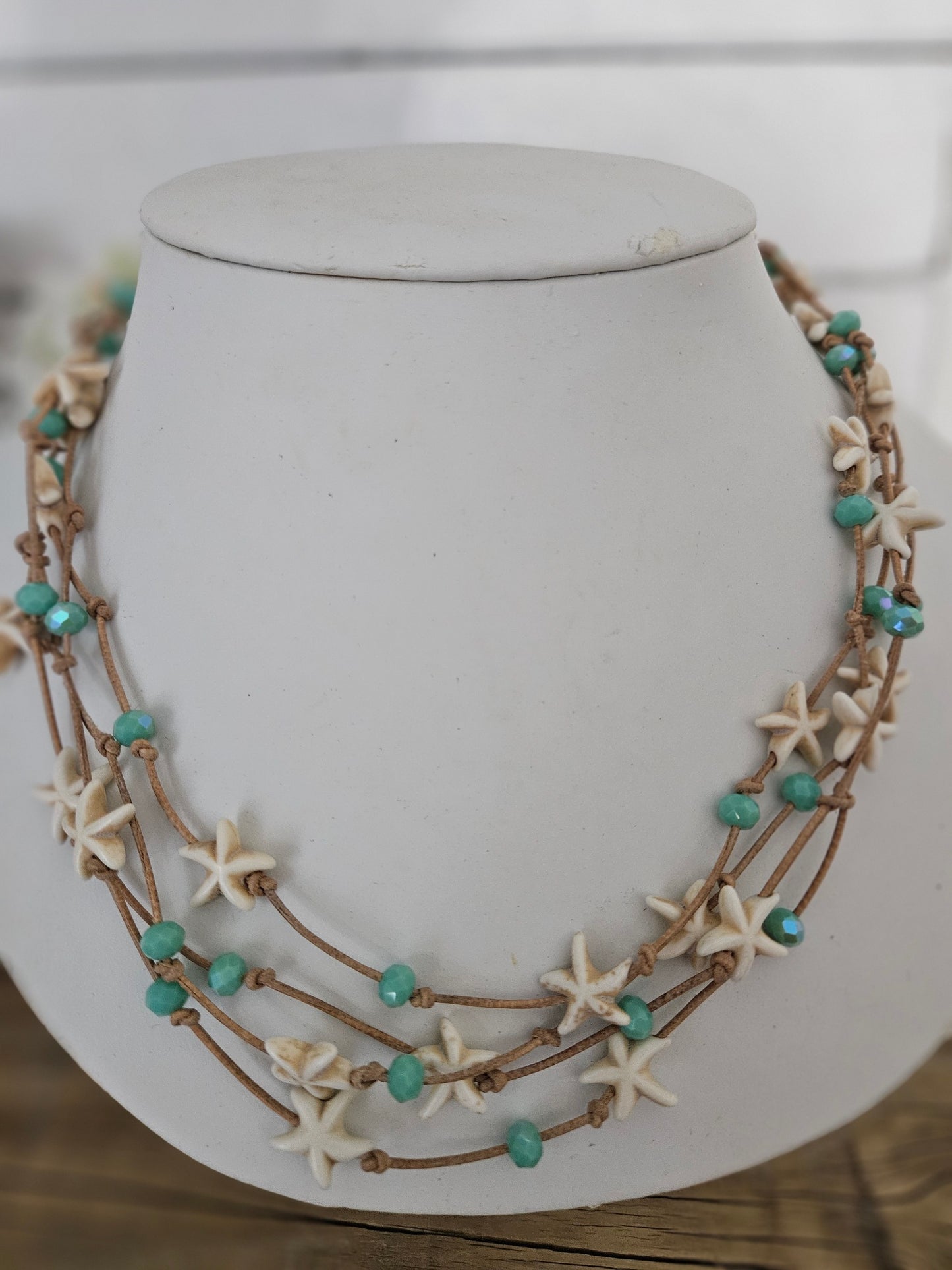 Cream Starfish Leather Wrap Necklace with Green Sparkle Glass Beads