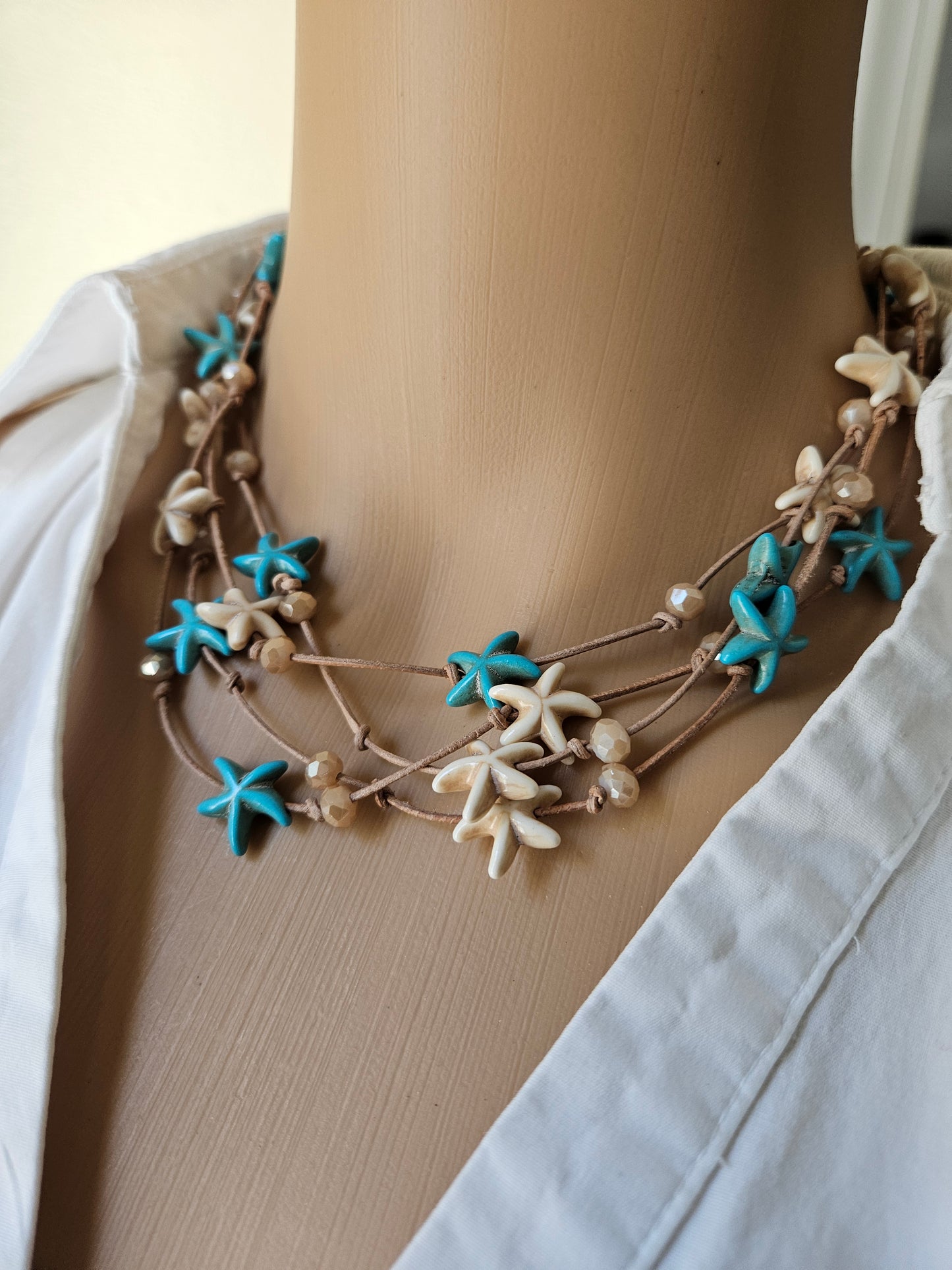 Leather Starfish Wrap Necklace: Cream & Turquoise color Beaded Jewelry