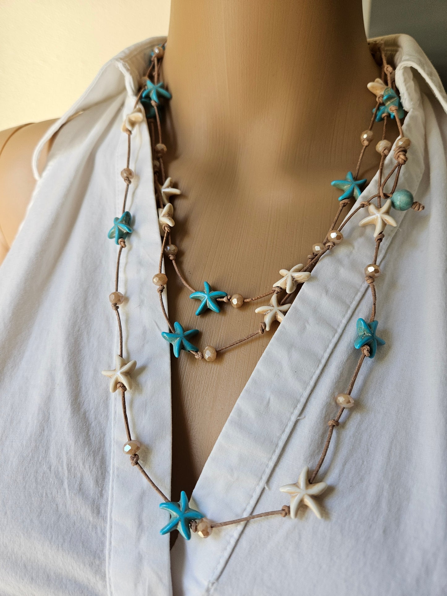 Leather Starfish Wrap Necklace: Cream & Turquoise color Beaded Jewelry