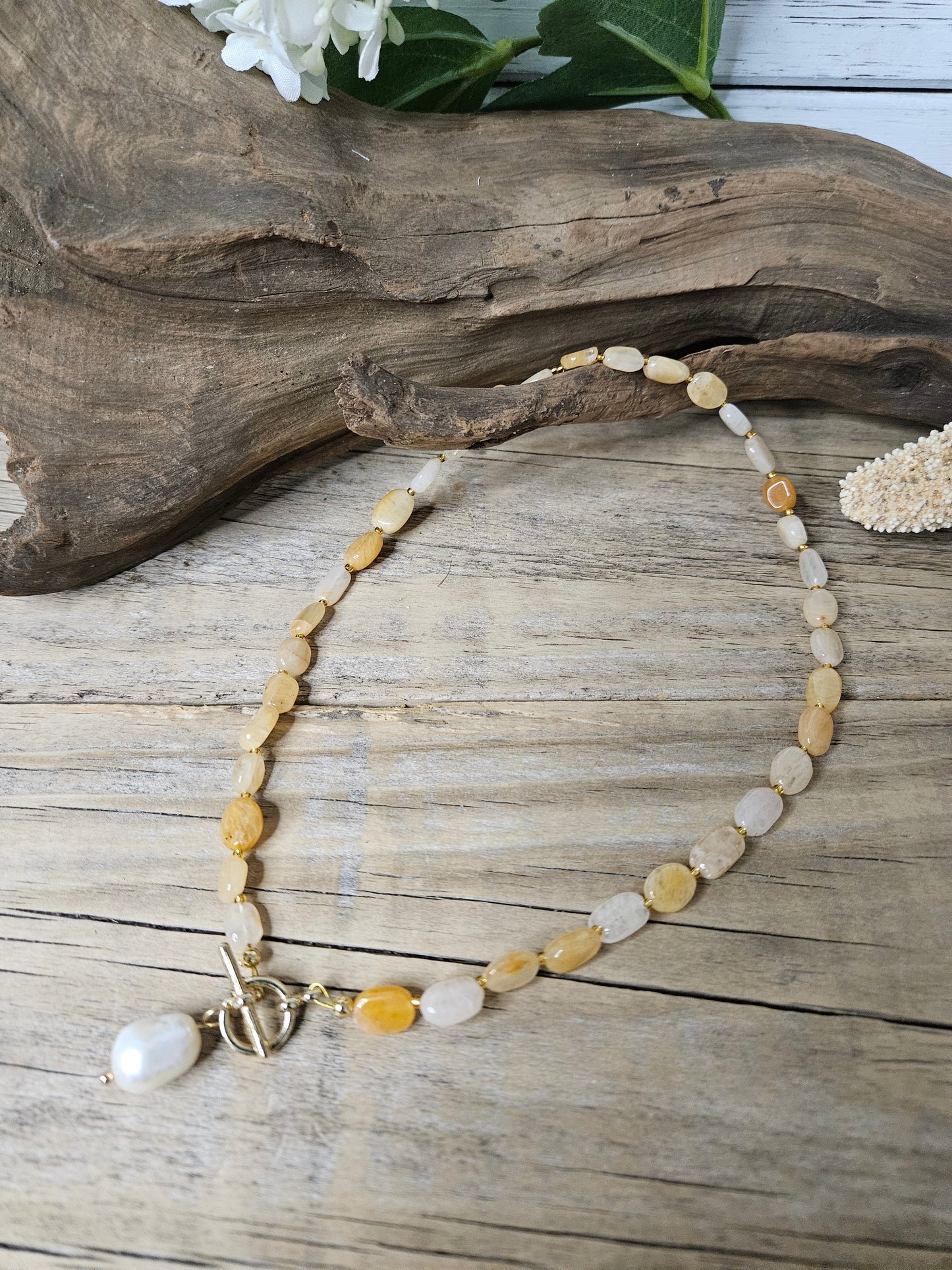 Sunstone & Freshwater Pearl Pendant Toggle Necklace