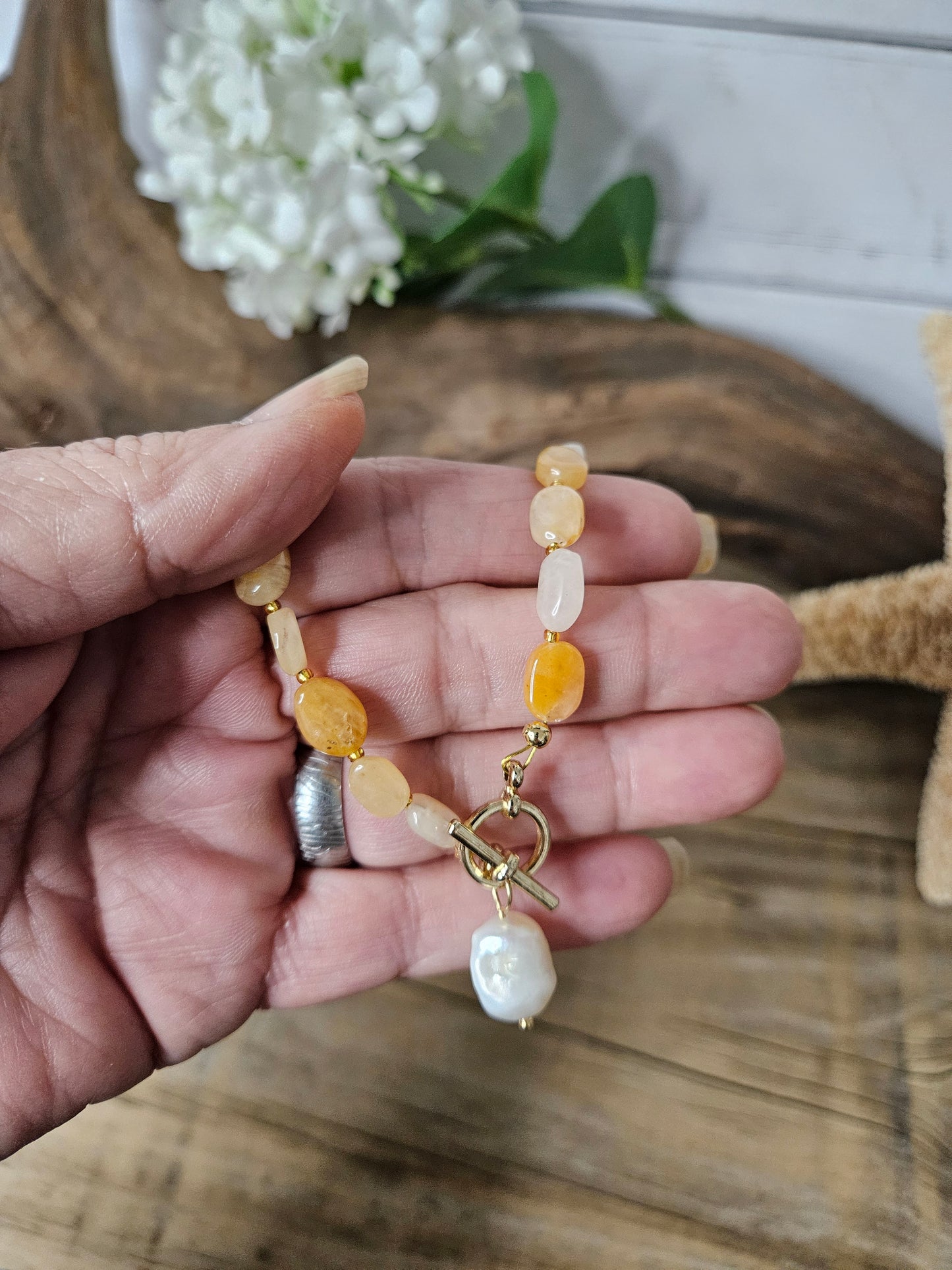Sunstone & Freshwater Pearl Pendant Toggle Necklace