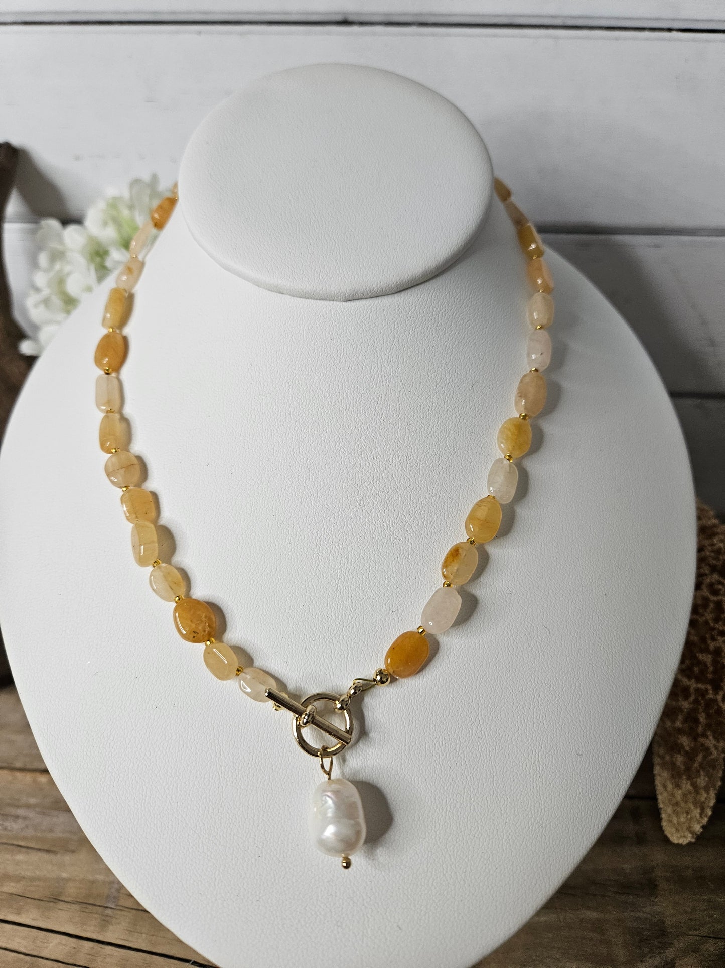 Sunstone & Freshwater Pearl Pendant Toggle Necklace