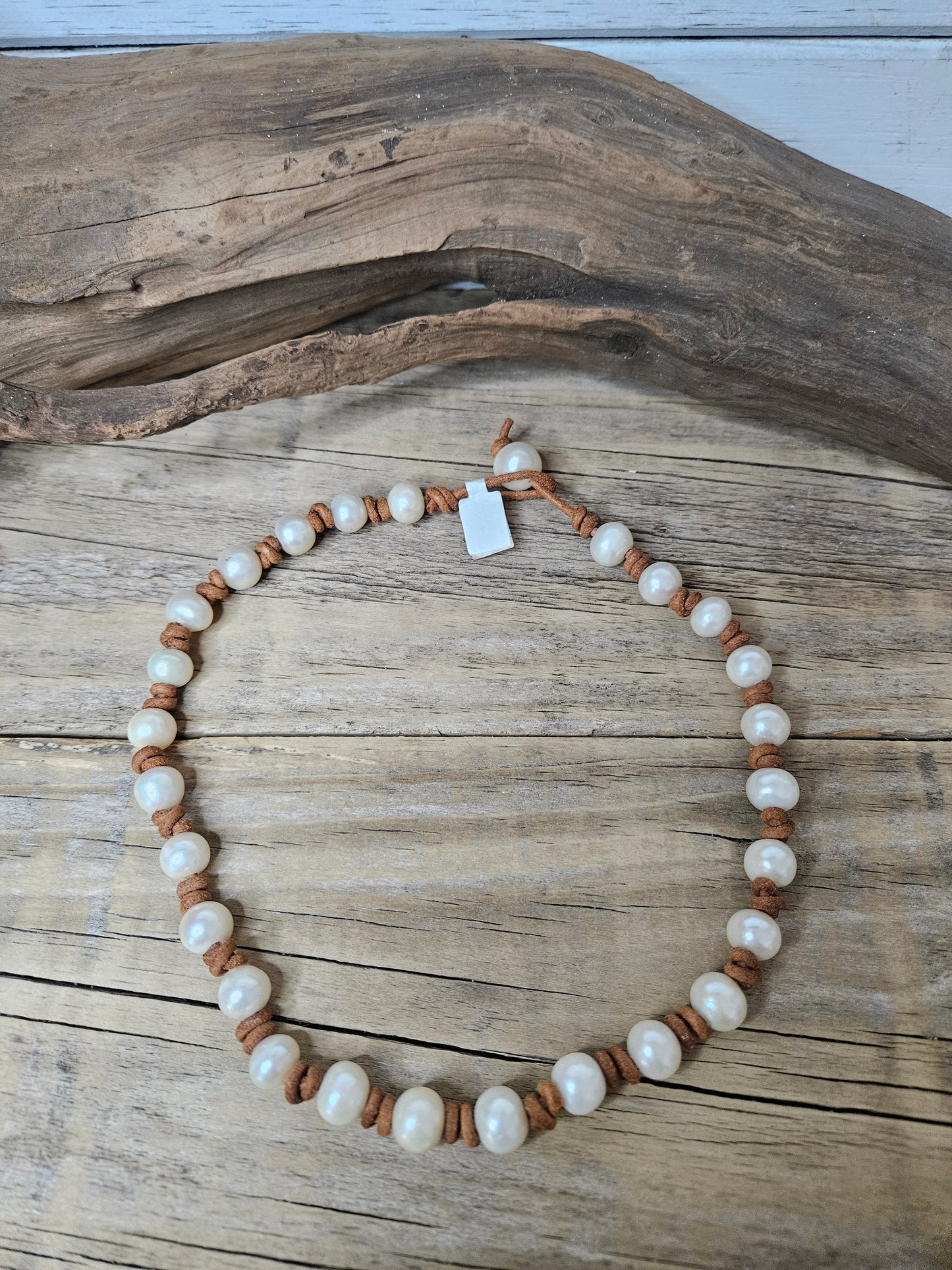 Pearl on Tan Leather Knotted Necklace