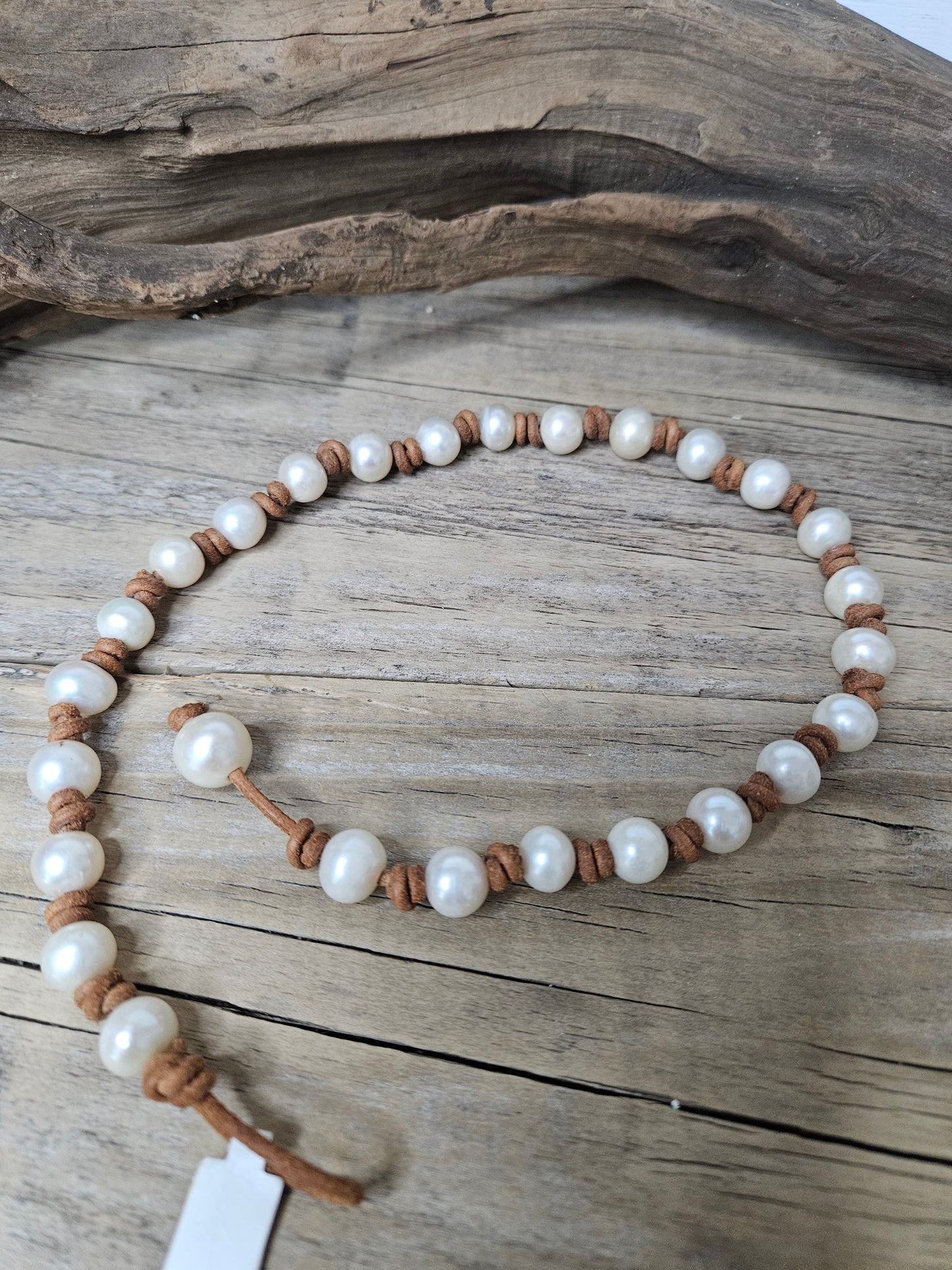 Pearl on Tan Leather Knotted Necklace
