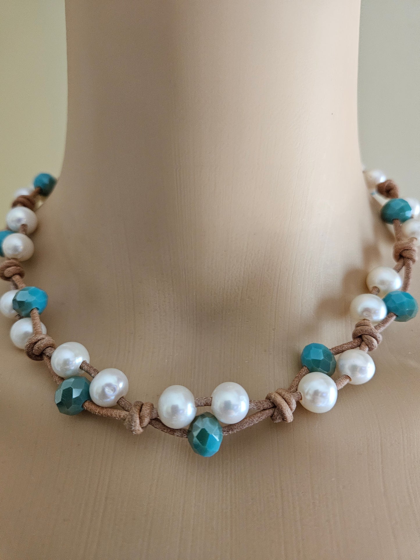 Tan Leather Boho Knotted Freshwater Pearl Choker Necklace