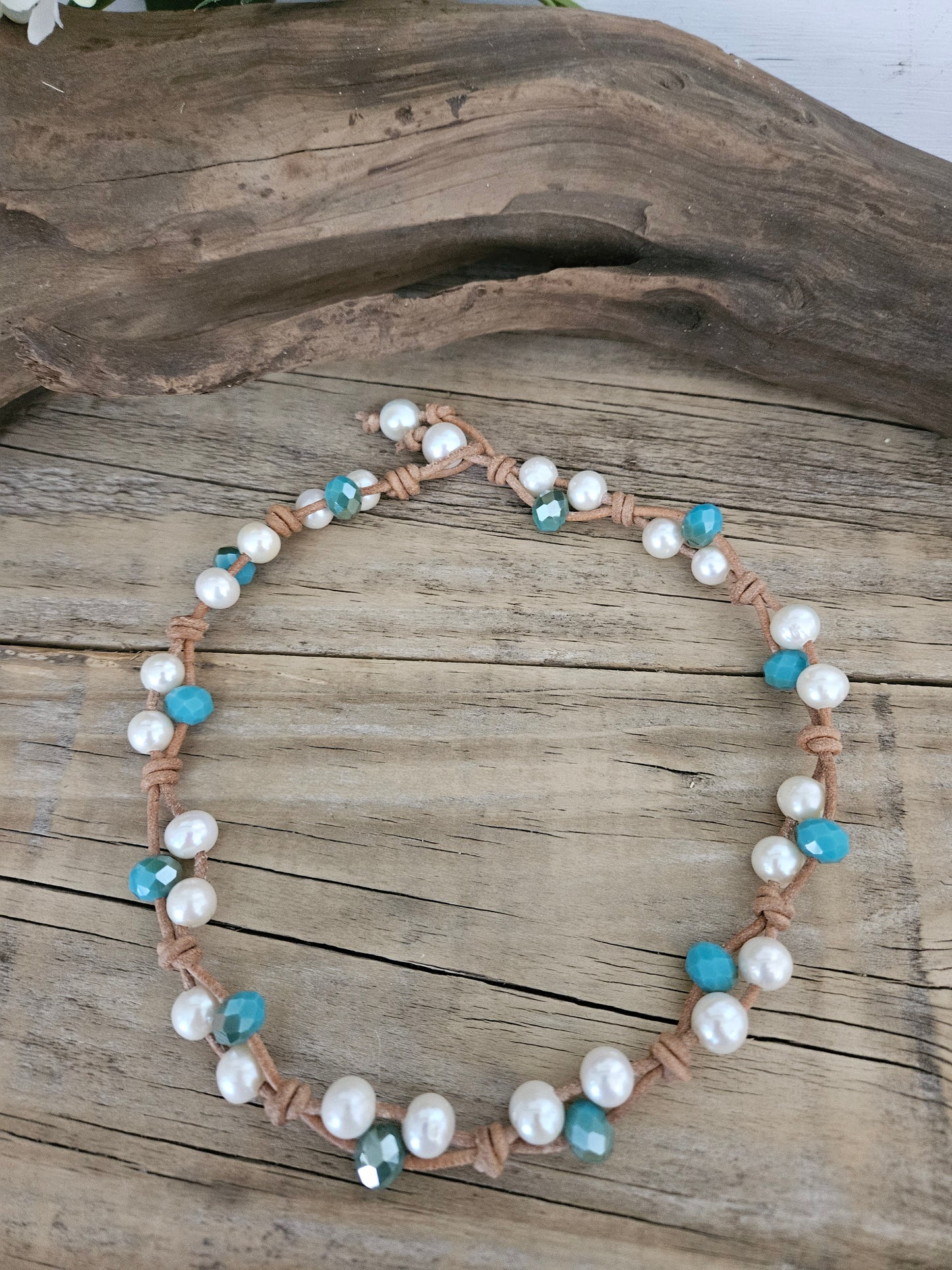 Tan Leather Boho Knotted Freshwater Pearl Choker Necklace