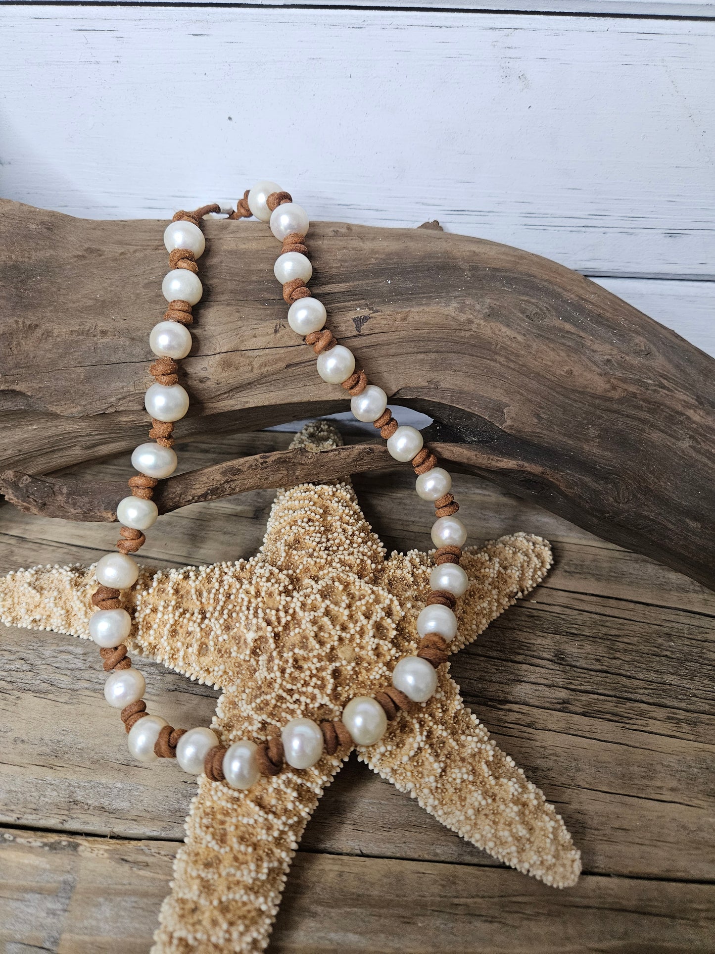 Pearl on Tan Leather Knotted Necklace