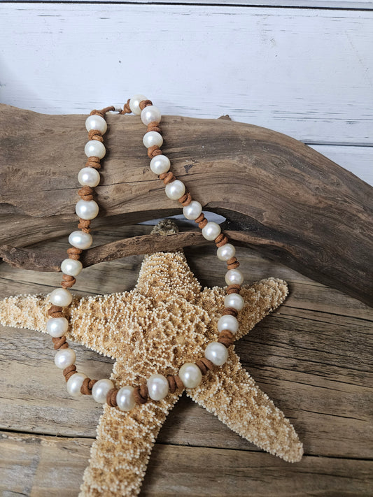 Pearl on Tan Leather Knotted Necklace