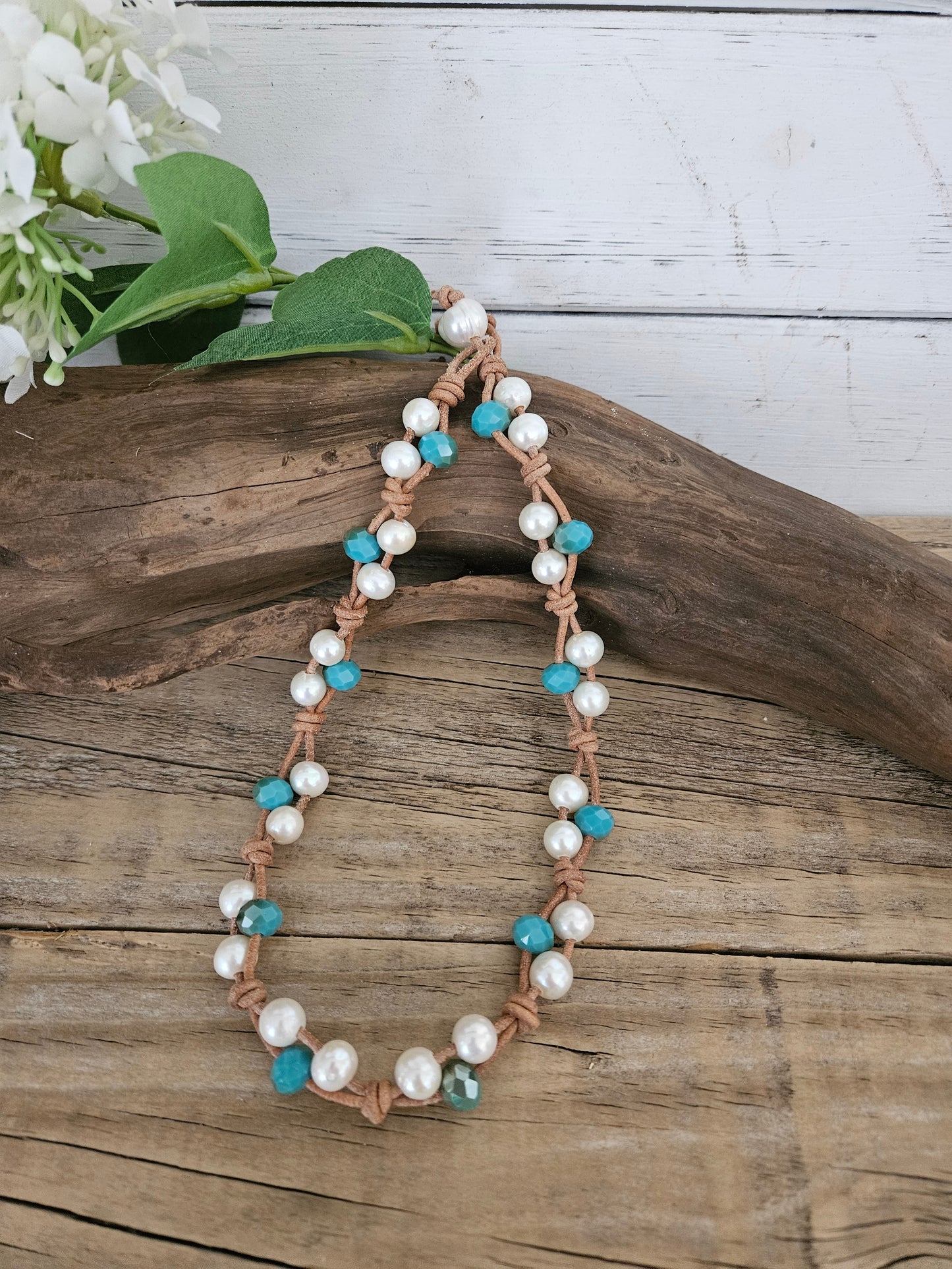 Tan Leather Boho Knotted Freshwater Pearl Choker Necklace