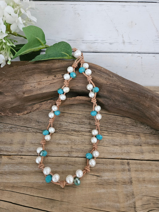 Tan Leather Boho Knotted Freshwater Pearl Choker Necklace