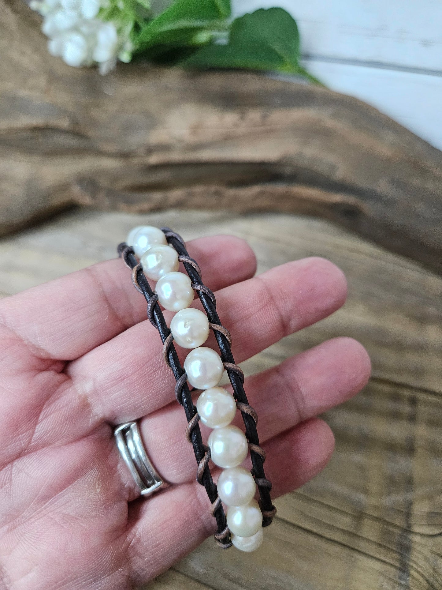 Leather Pearl Bracelet- Two Tone color Leather White Pearls