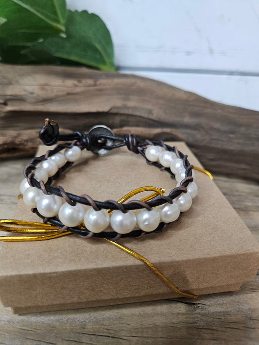 Leather Pearl Bracelet- Two Tone color Leather White Pearls