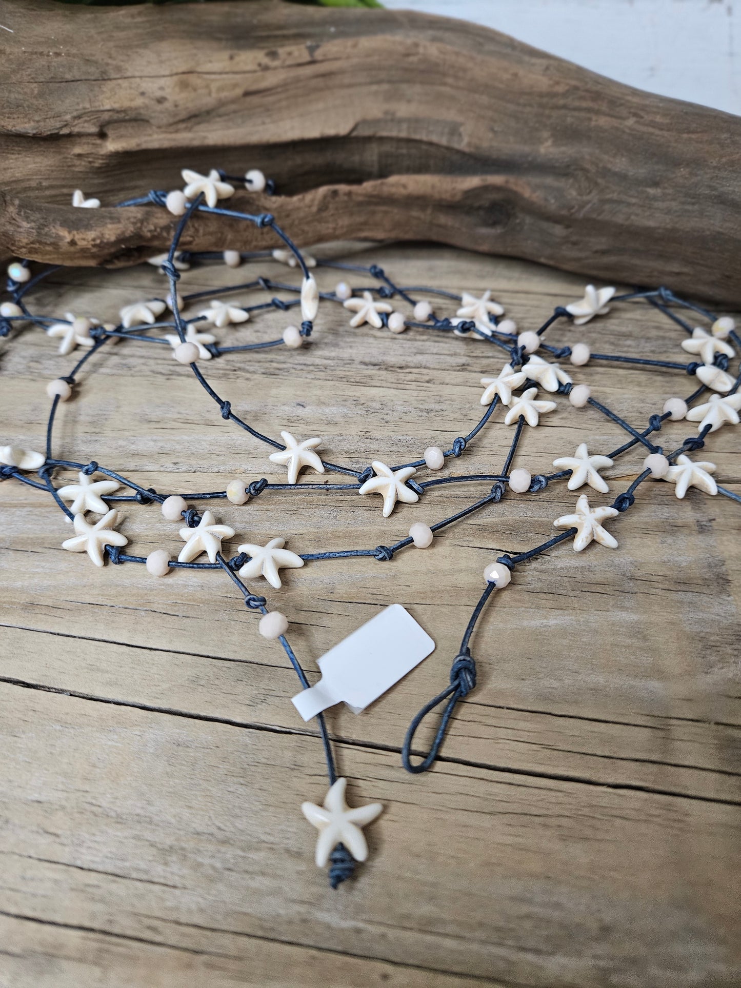Cream Color Starfish on Denim Leather Wrap Necklace