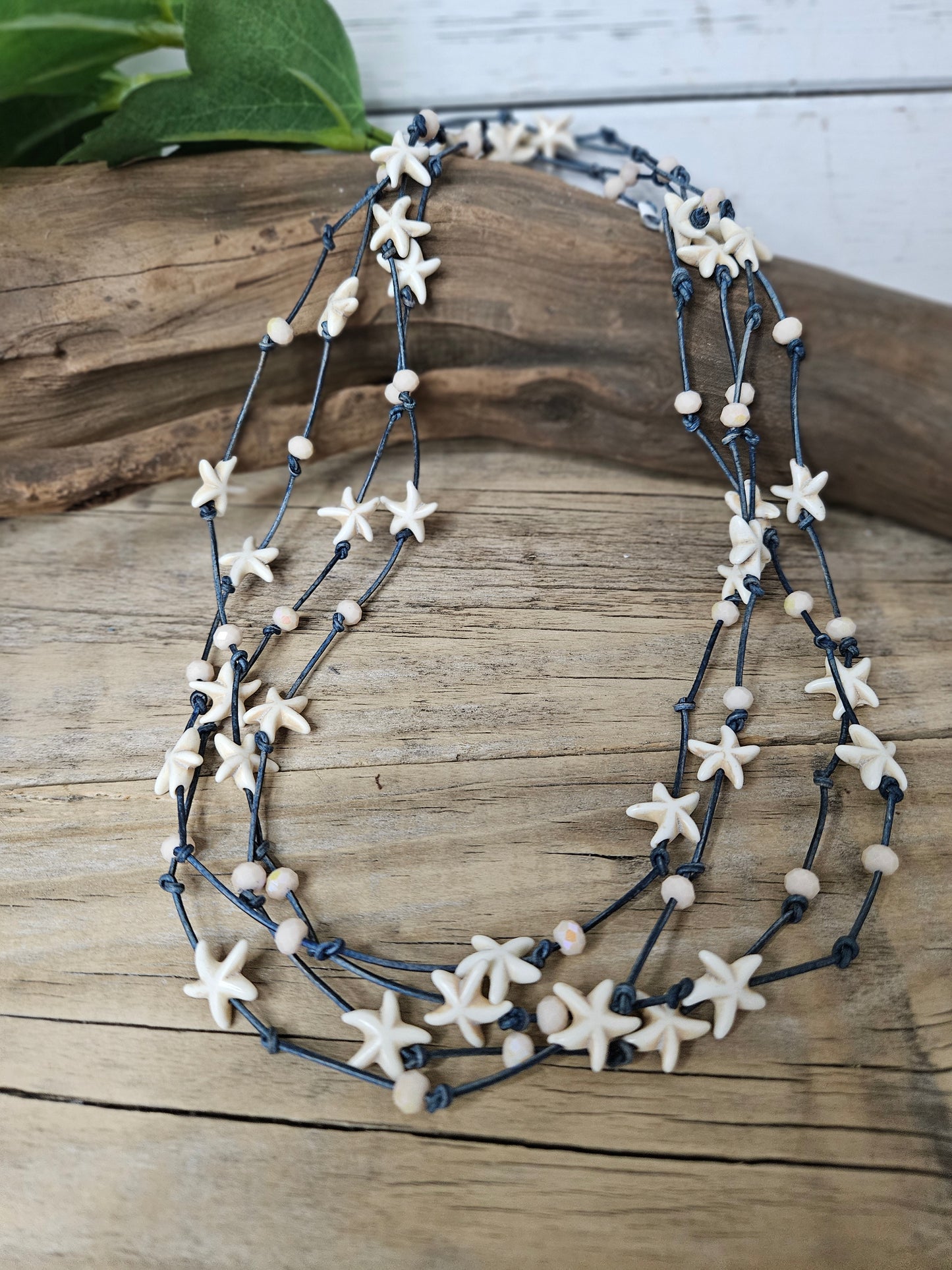 Cream Color Starfish on Denim Leather Wrap Necklace