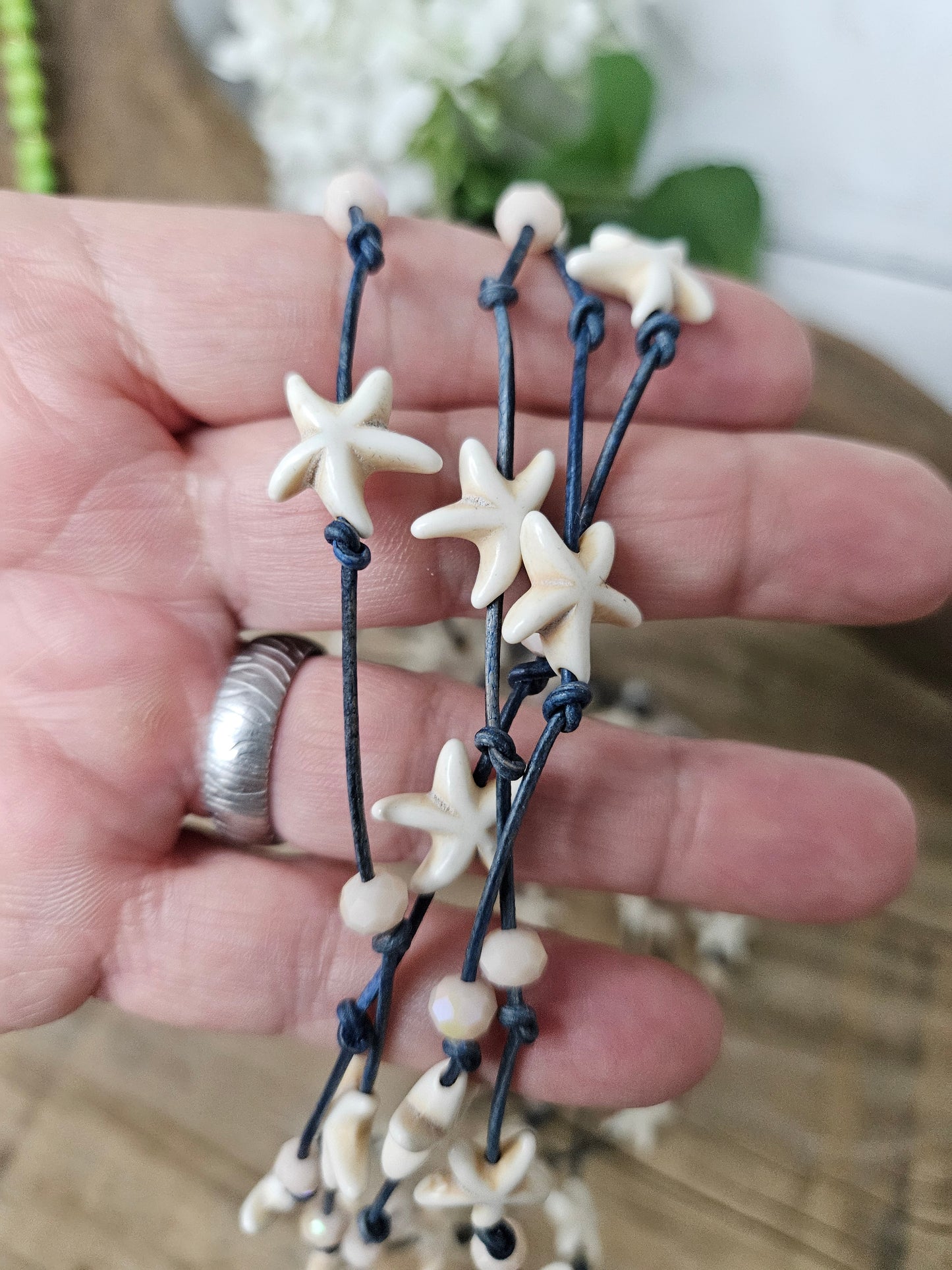 Cream Color Starfish on Denim Leather Wrap Necklace