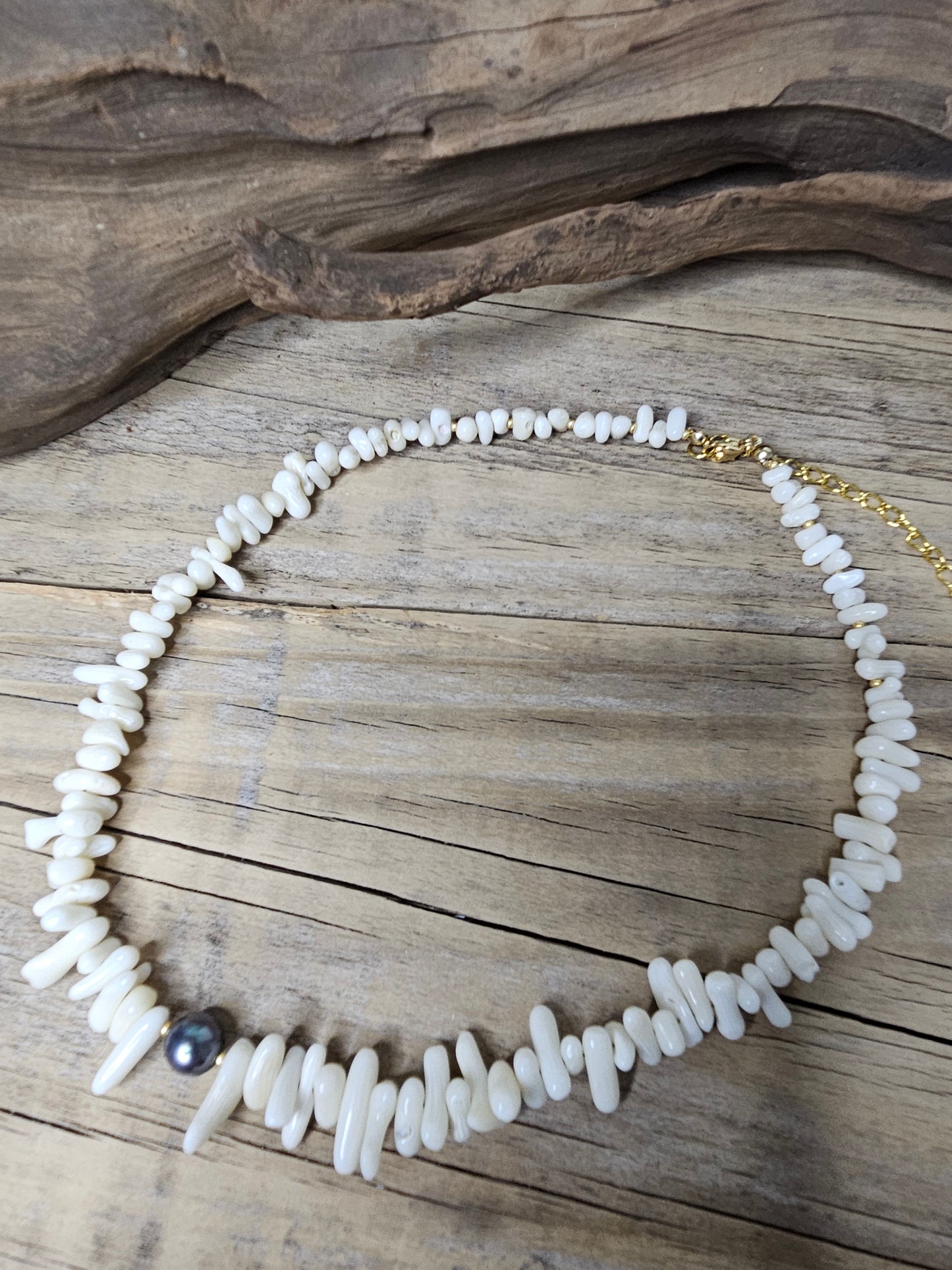 White Coral Stick & Peacock Freshwater Pearl Necklace