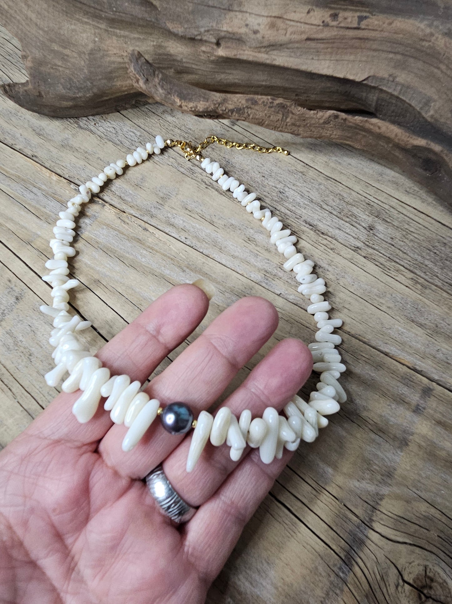 White Coral Stick & Peacock Freshwater Pearl Necklace