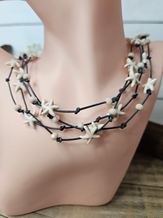 Cream Color Starfish on Denim Leather Wrap Necklace
