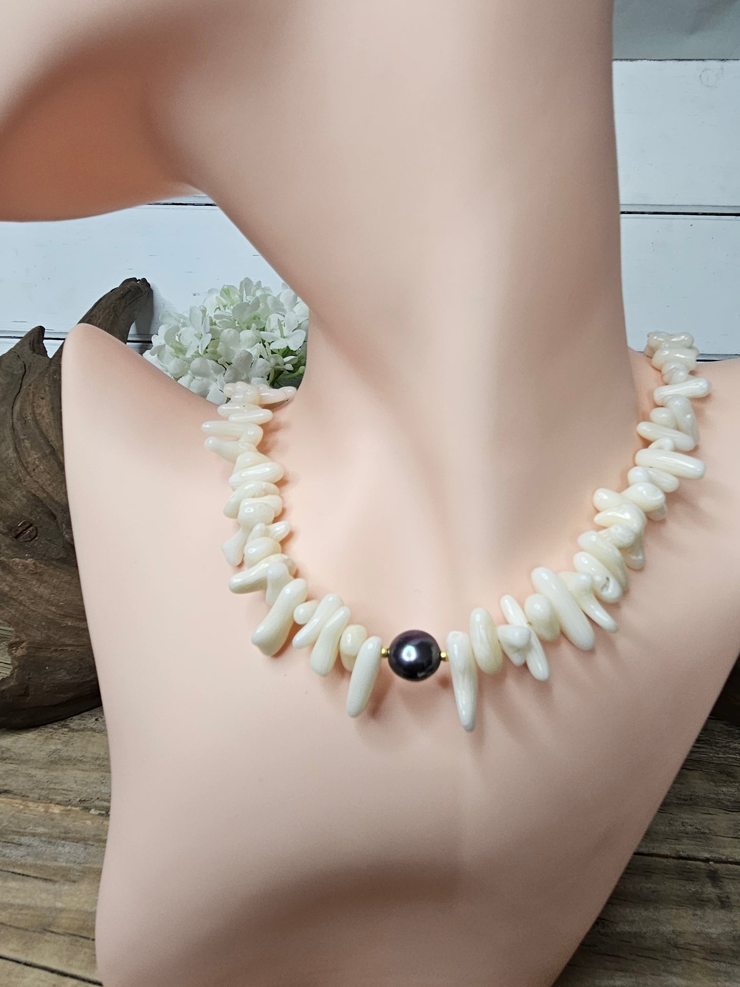 White Coral Stick & Peacock Freshwater Pearl Necklace