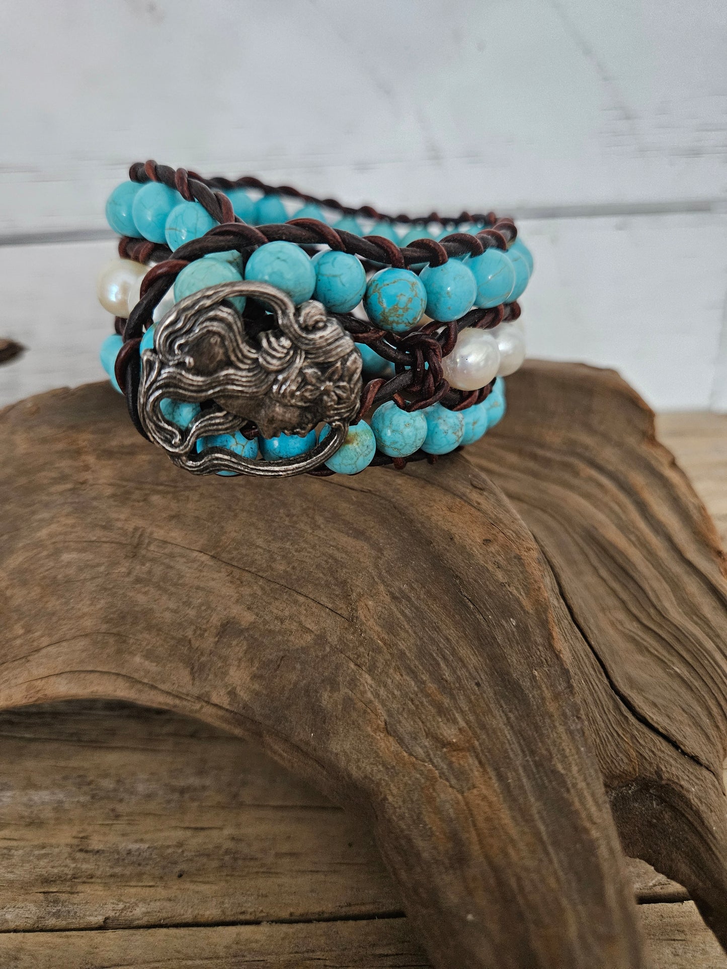Braided Freshwater Pearl with Stone Leather Bracelet-wrap Bracelet-Multi Strand Bracelet
