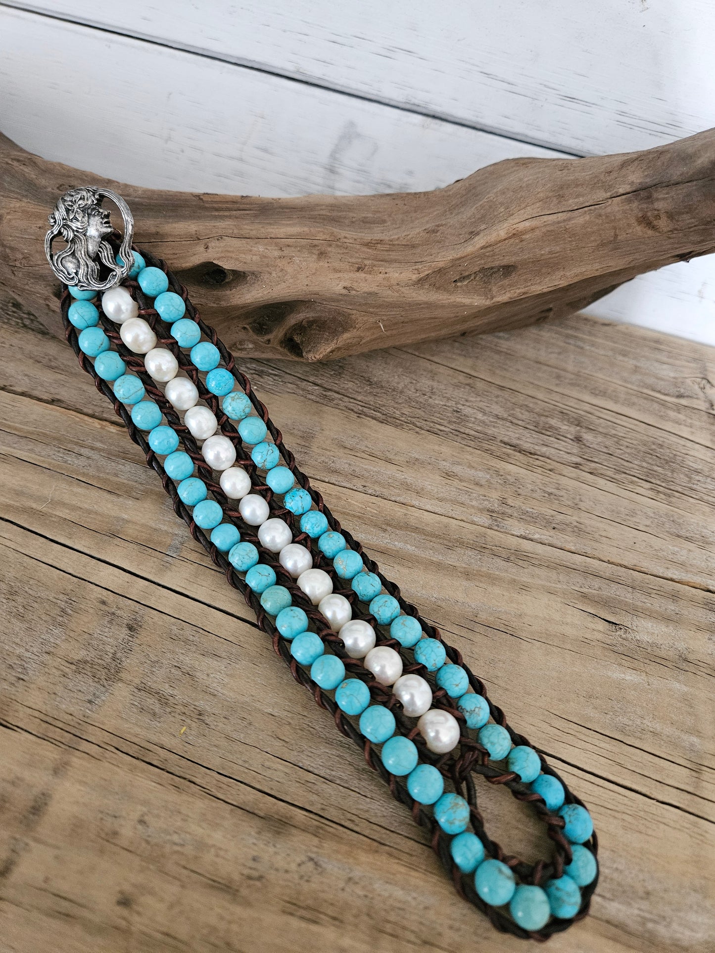 Braided Freshwater Pearl with Stone Leather Bracelet-wrap Bracelet-Multi Strand Bracelet