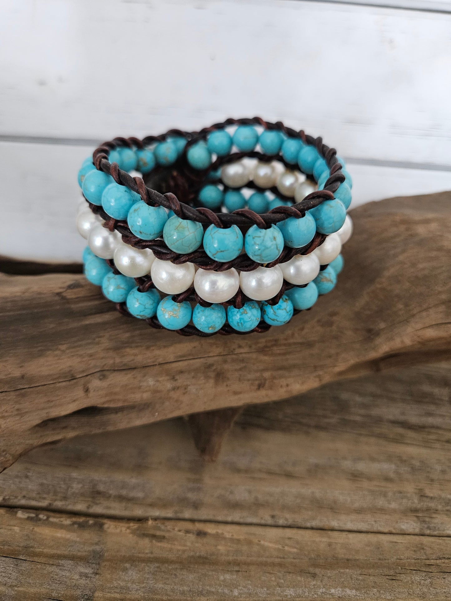 Braided Freshwater Pearl with Stone Leather Bracelet-wrap Bracelet-Multi Strand Bracelet