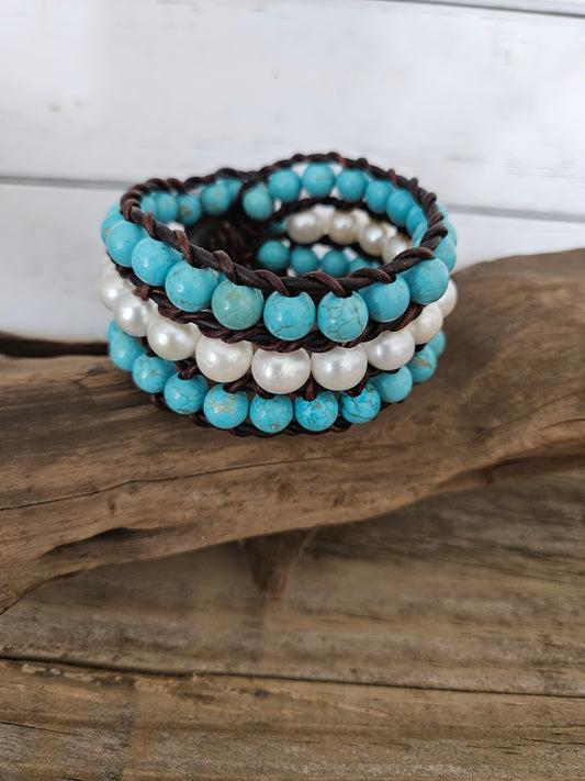 Braided Freshwater Pearl with Stone Leather Bracelet-wrap Bracelet-Multi Strand Bracelet