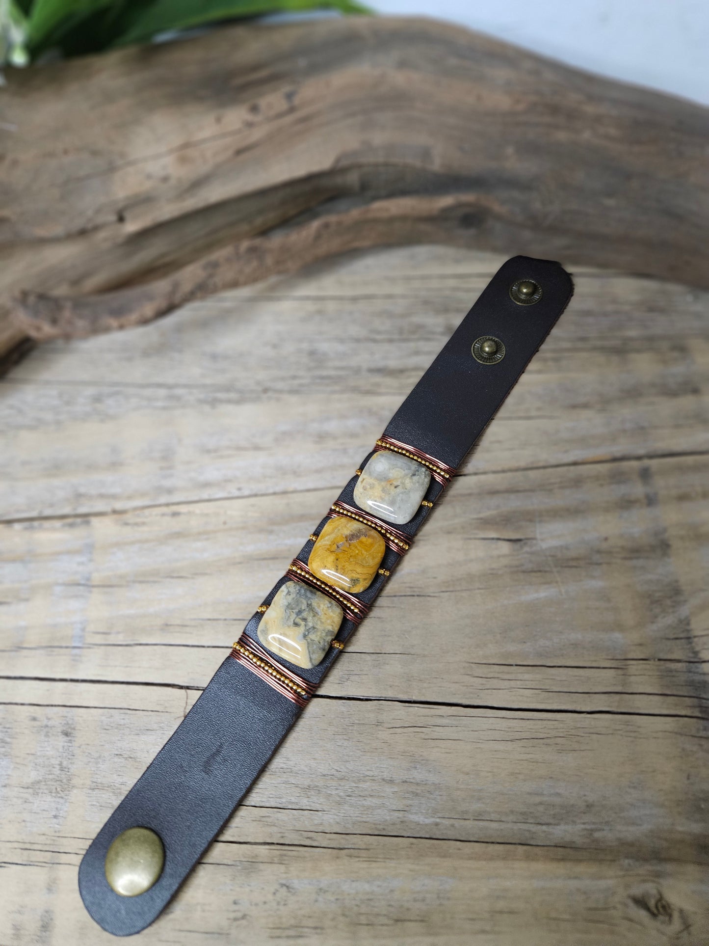 Leather Copper Wire Wrapped Wide Jasper Stone Bracelet