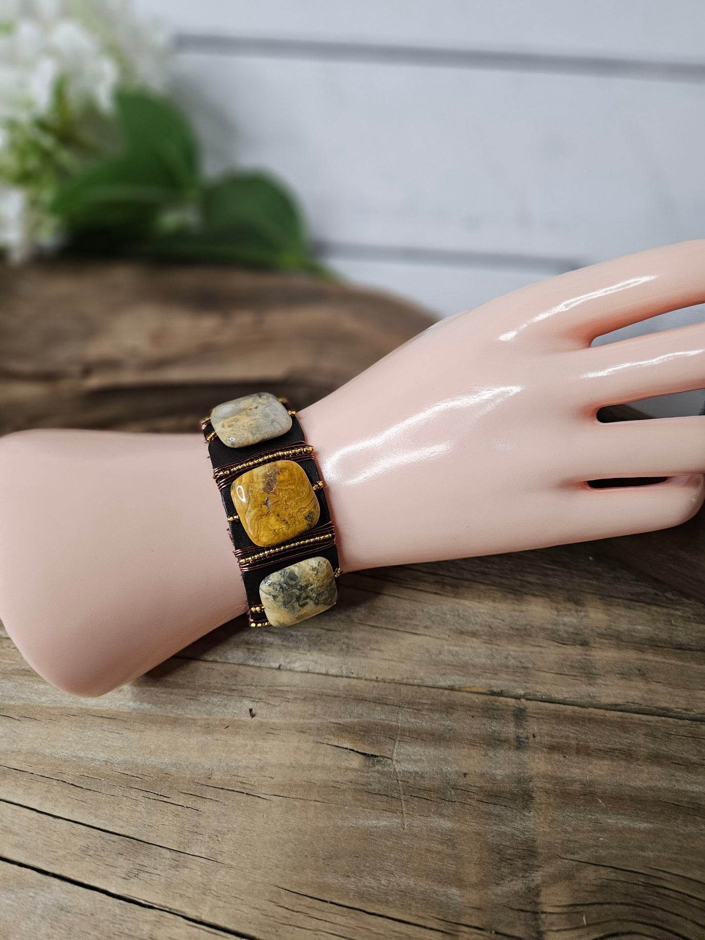 Leather Copper Wire Wrapped Wide Jasper Stone Bracelet