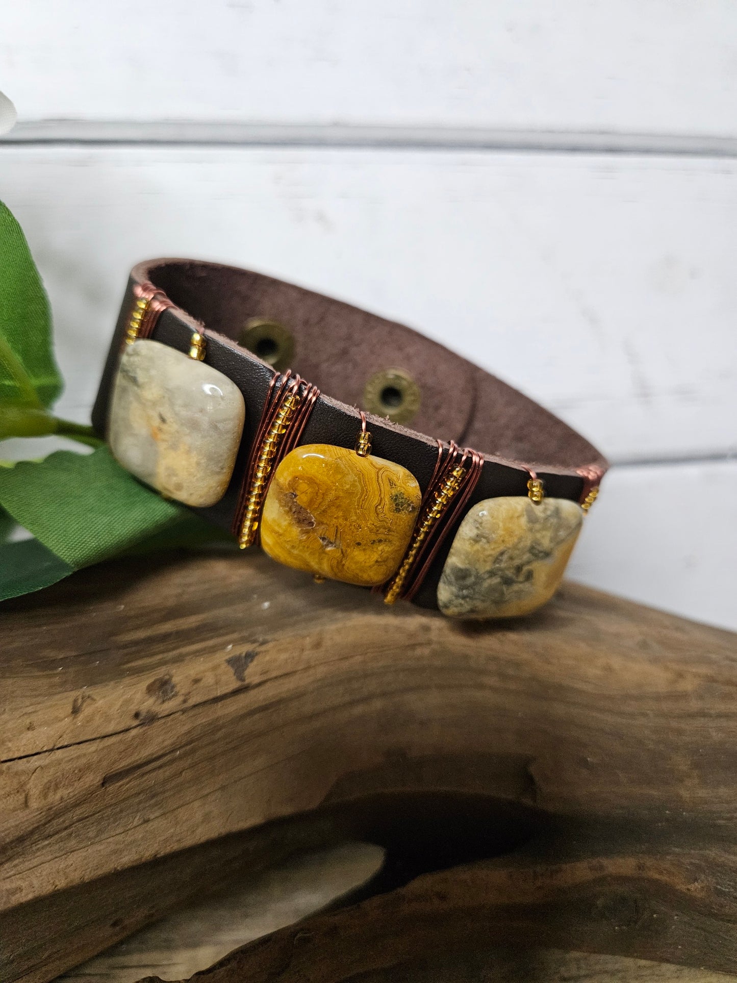 Leather Copper Wire Wrapped Wide Jasper Stone Bracelet