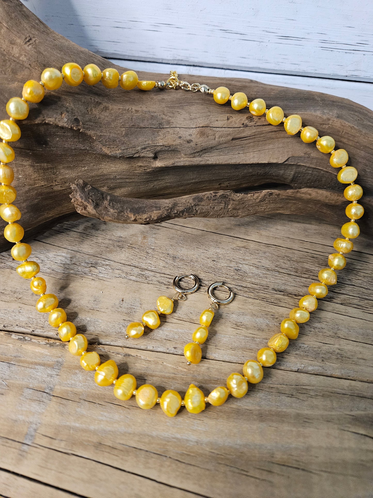 Yellow Blister Freshwater Pearl Necklace with Dangle Earring Set