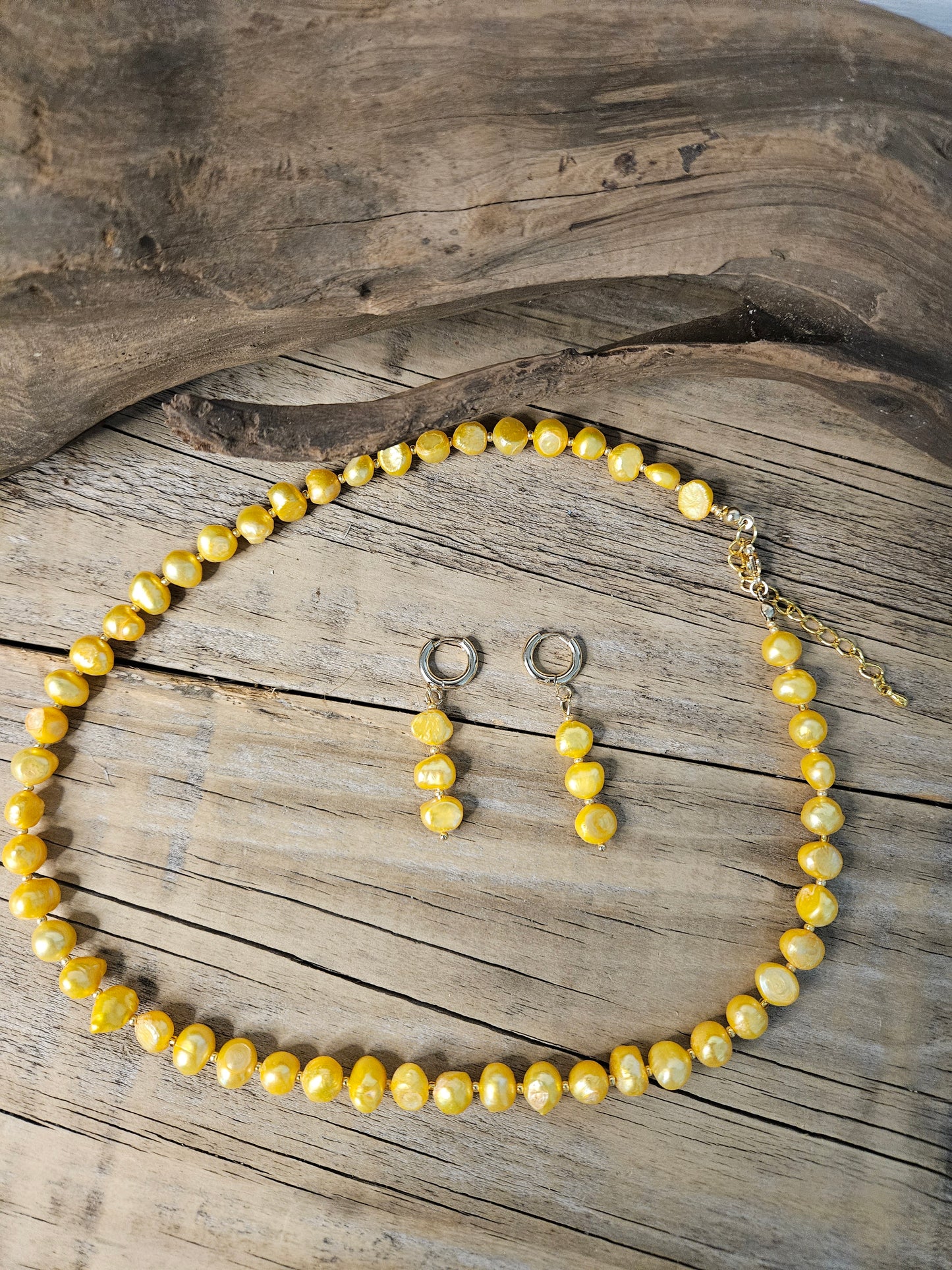 Yellow Blister Freshwater Pearl Necklace with Dangle Earring Set
