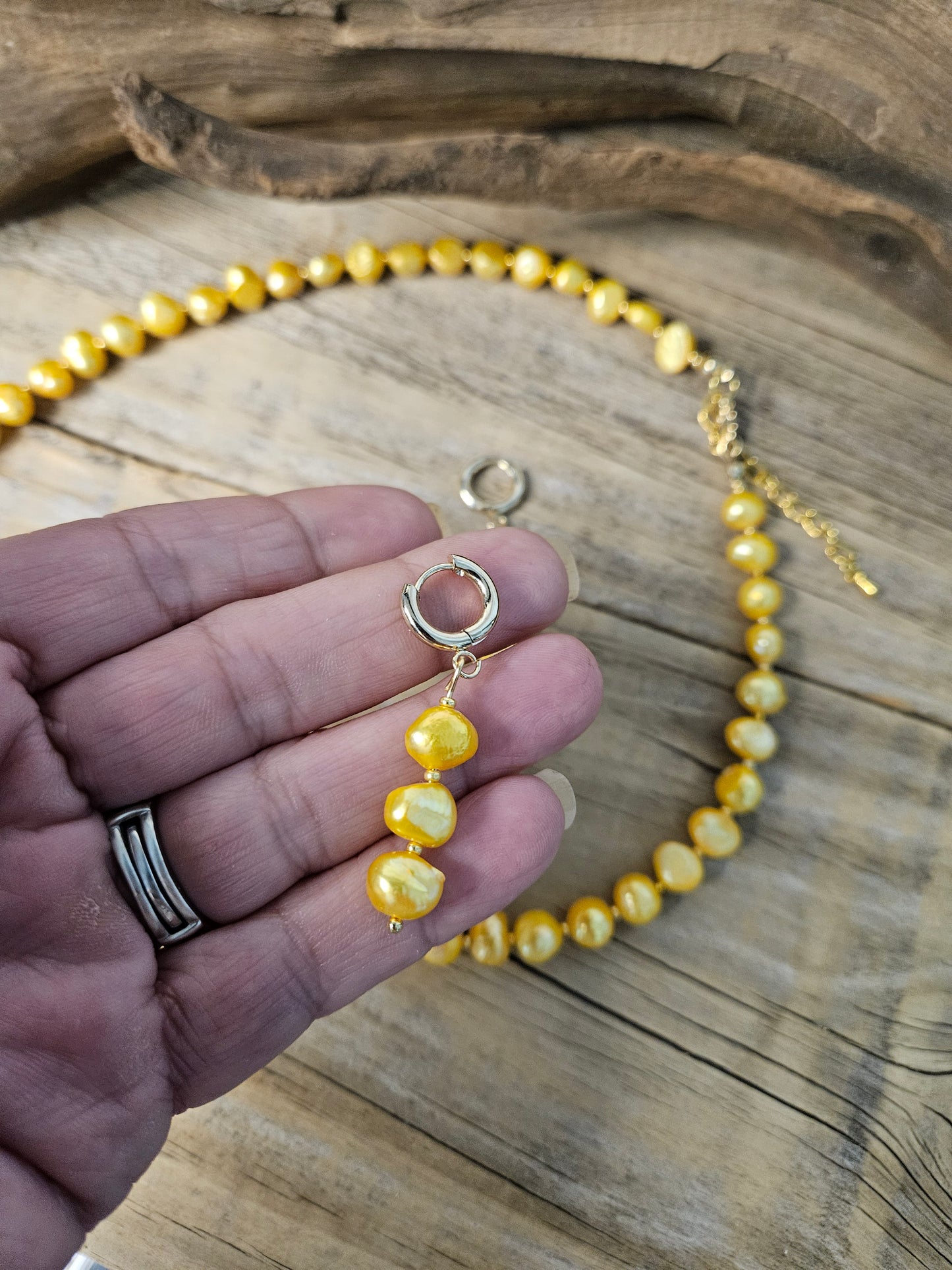 Yellow Blister Freshwater Pearl Necklace with Dangle Earring Set
