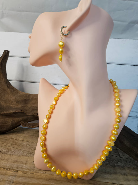 Yellow Blister Freshwater Pearl Necklace with Dangle Earring Set
